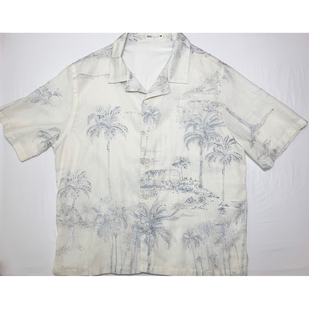 Zara Man Camp Shirt Button Front Large White Blue Palm Resort Vacation Retro